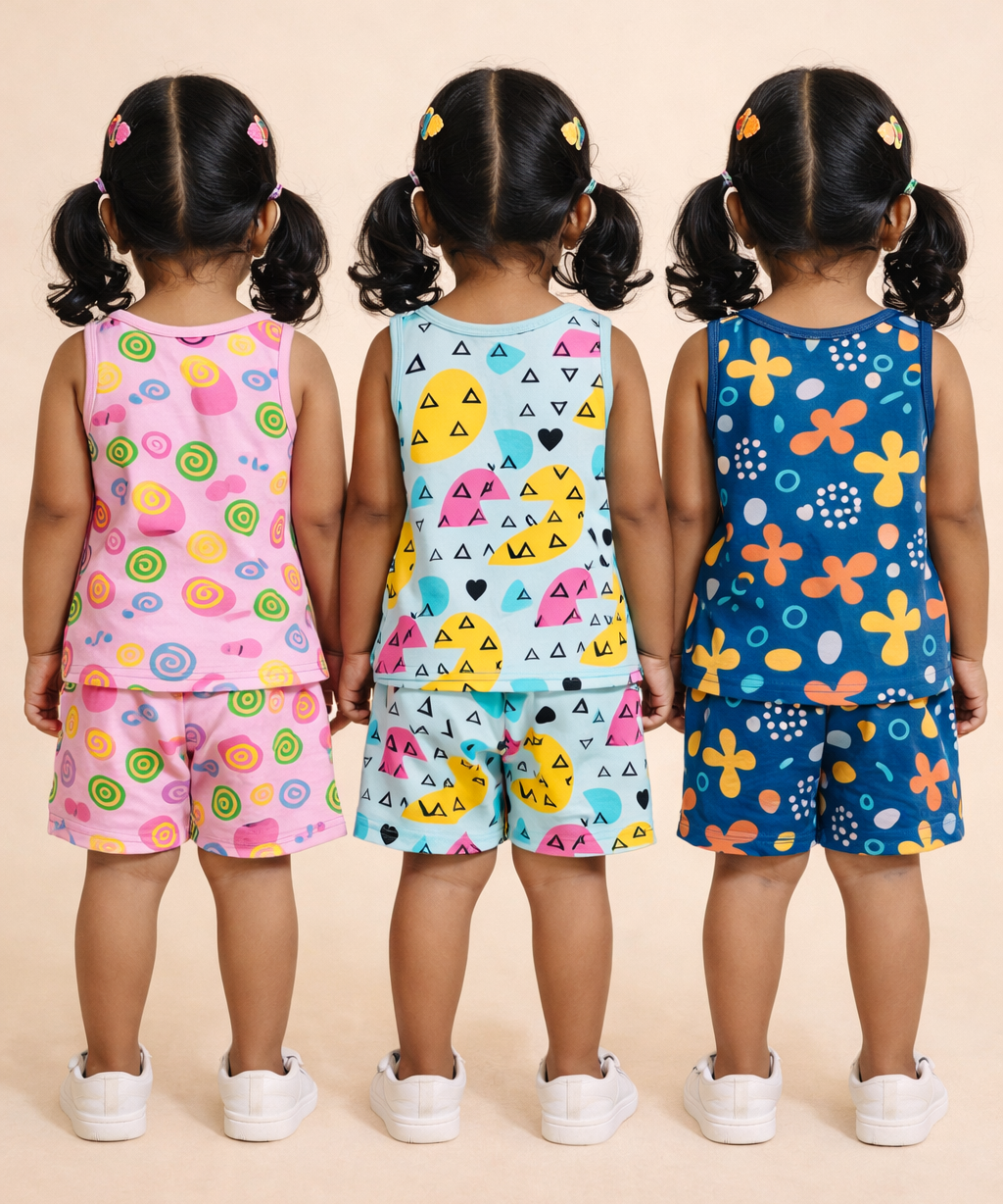 Girls Cotton Cartoon Printed Kids Sleeveless Set Combo | Age 0 to 3 Years | Sleeveless T-shirt & Shorts Co-ord Set (Pack of 3 Sets)