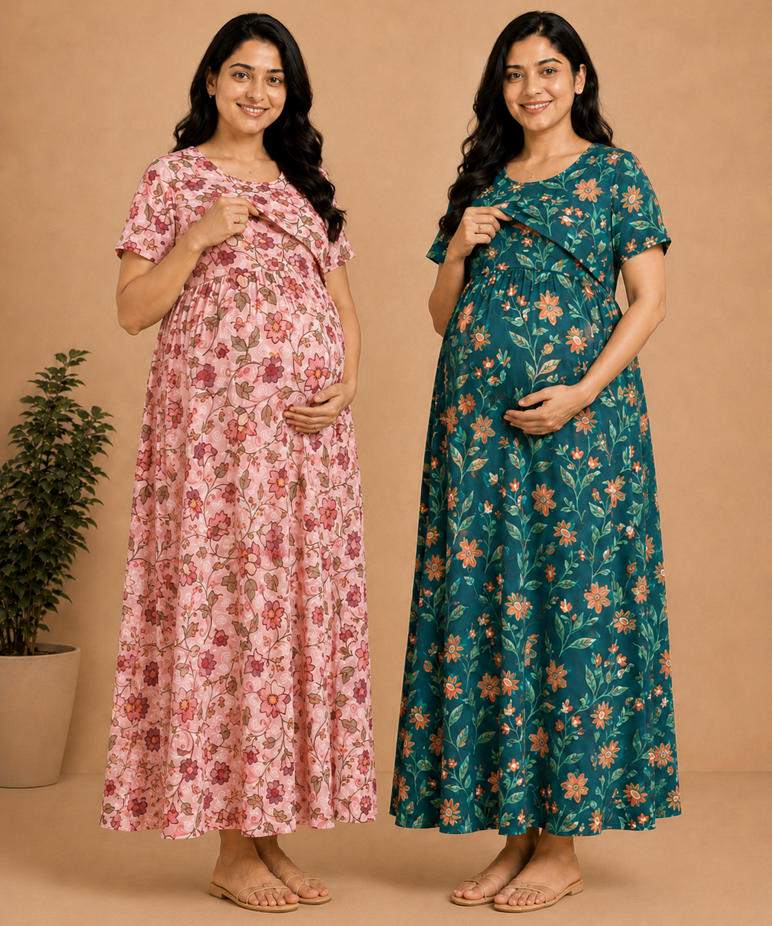 Maternity Feeding Maxi Dress | Nursing Friendly Nighty Style (Pack of 2 Pieces)