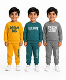 Boys Full Sleeve Cotton Winter Co-Ord Set | Typography Chest Printed Sweatshirt & Jogger Track Pant | Age 1 to 4 Years (Pack of 3 Sets)