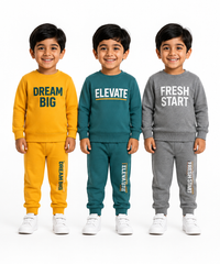 Boys Full Sleeve Cotton Winter Co-Ord Set | Typography Chest Printed Sweatshirt & Jogger Track Pant | Age 1 to 4 Years (Pack of 3 Sets)