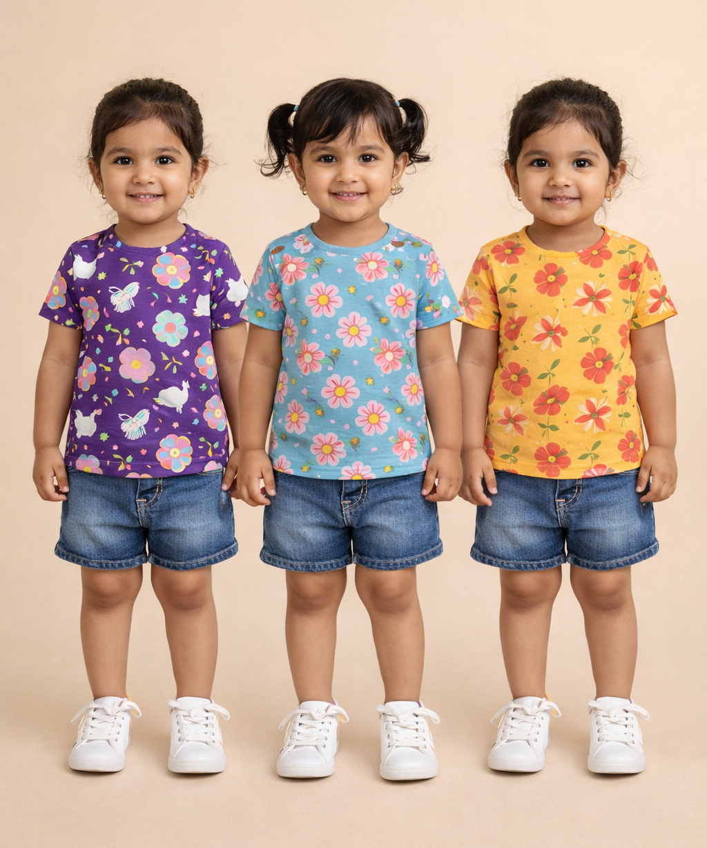 Kids Girls Cotton Printed T-shirt | 0 to 3 Years (Pack Of 3 Pieces)