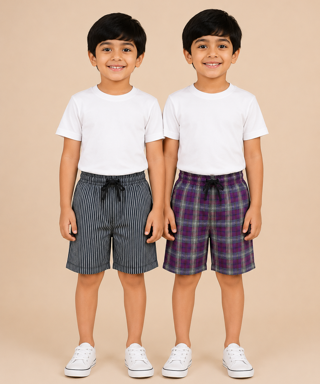 Kids Boys Checkered & Printed Cotton Shorts | Age - 5 to 10 Years | Soft Elastic Waist Casual Shorts | Combo Pack of 2 Pieces