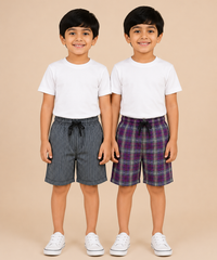 Kids Boys Checkered & Printed Cotton Shorts | Age - 5 to 10 Years | Soft Elastic Waist Casual Shorts | Combo Pack of 2 Pieces