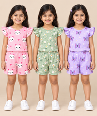 Girls All Over Printed | Flutter Sleeve Tshirt and Shorts Co-ord Set | Age 0 to 3 Years (Pack of 3 Sets)