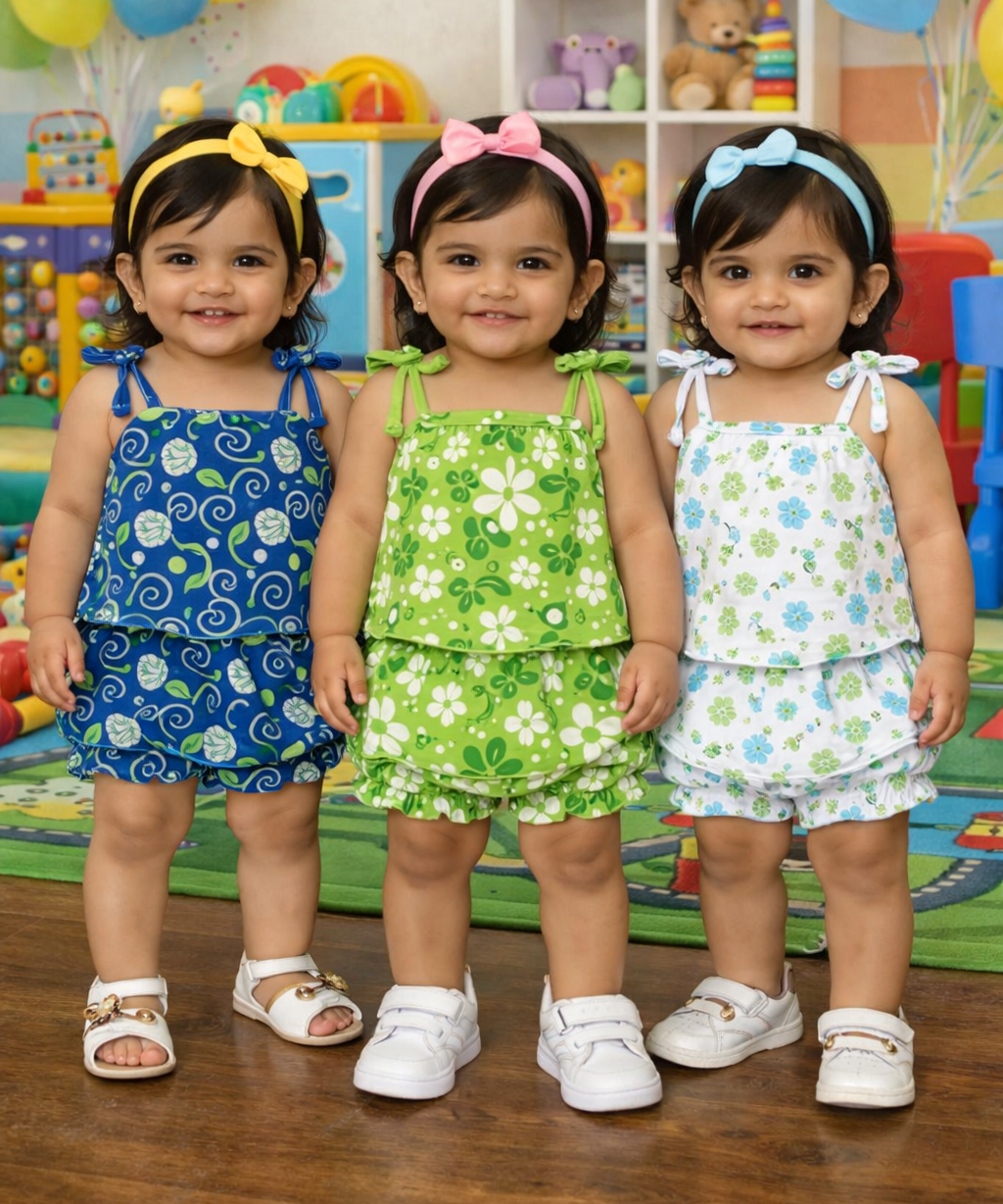 Boy & Girl Baby Printed Top Knot Dress | Top and Shorts Set | 100% Pure Cotton (Pack of 3 Sets Combo)