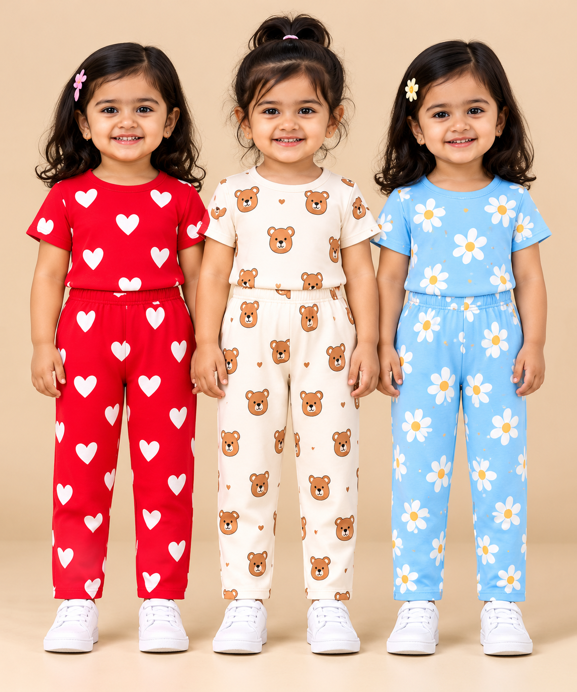 Girl Kids All Over Printed Tshirt and pant Co-ord Set | Age 6 Months to 4 Years (Pack of 3 Sets)