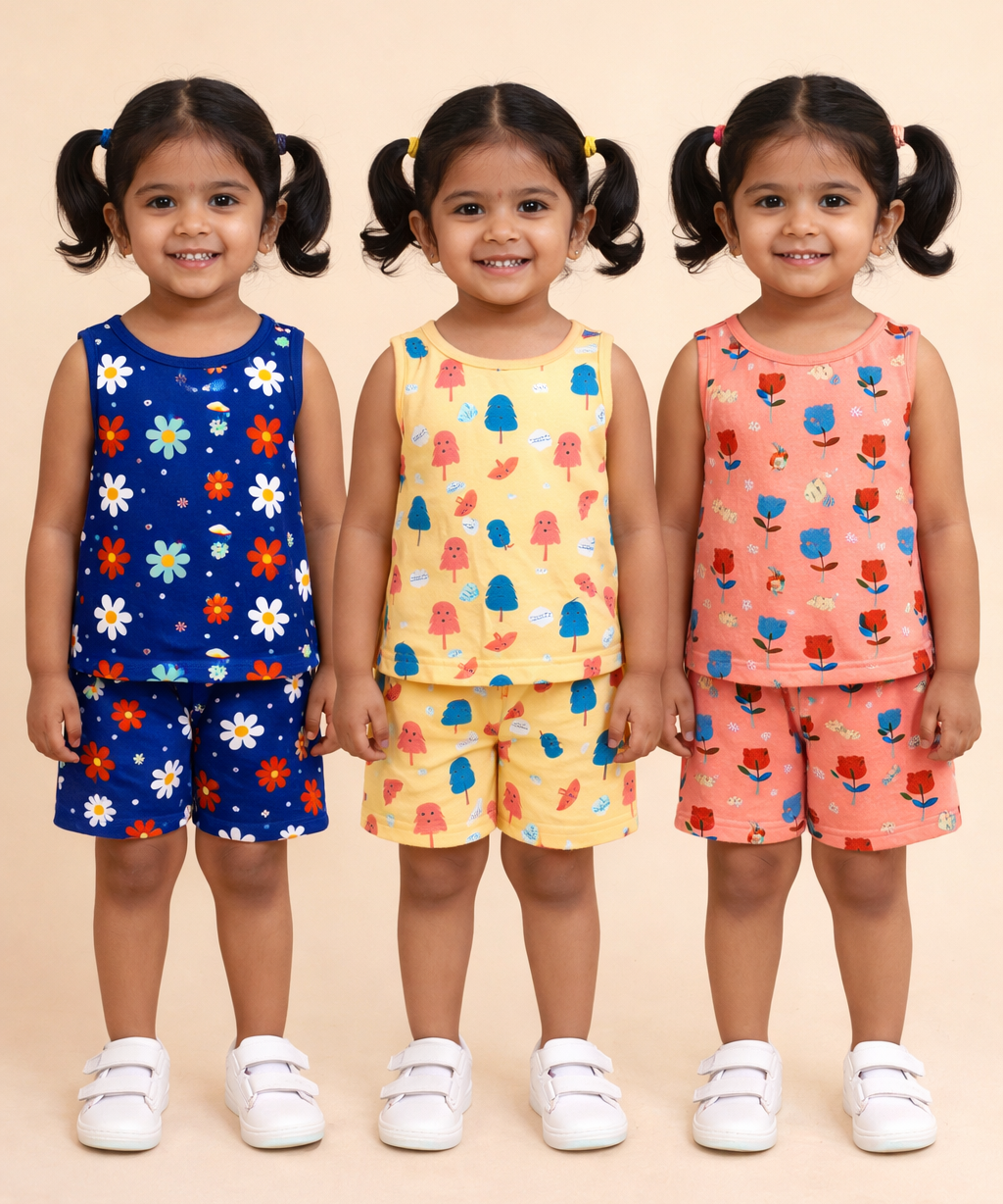 Girls Cotton Cartoon Printed Kids Sleeveless Set Combo | Age 0 to 3 Years | Sleeveless T-shirt & Shorts Co-ord Set (Pack of 3 Sets)