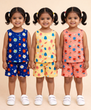 Girls Cotton Cartoon Printed Kids Sleeveless Set Combo | Age 0 to 3 Years | Sleeveless T-shirt & Shorts Co-ord Set (Pack of 3 Sets)