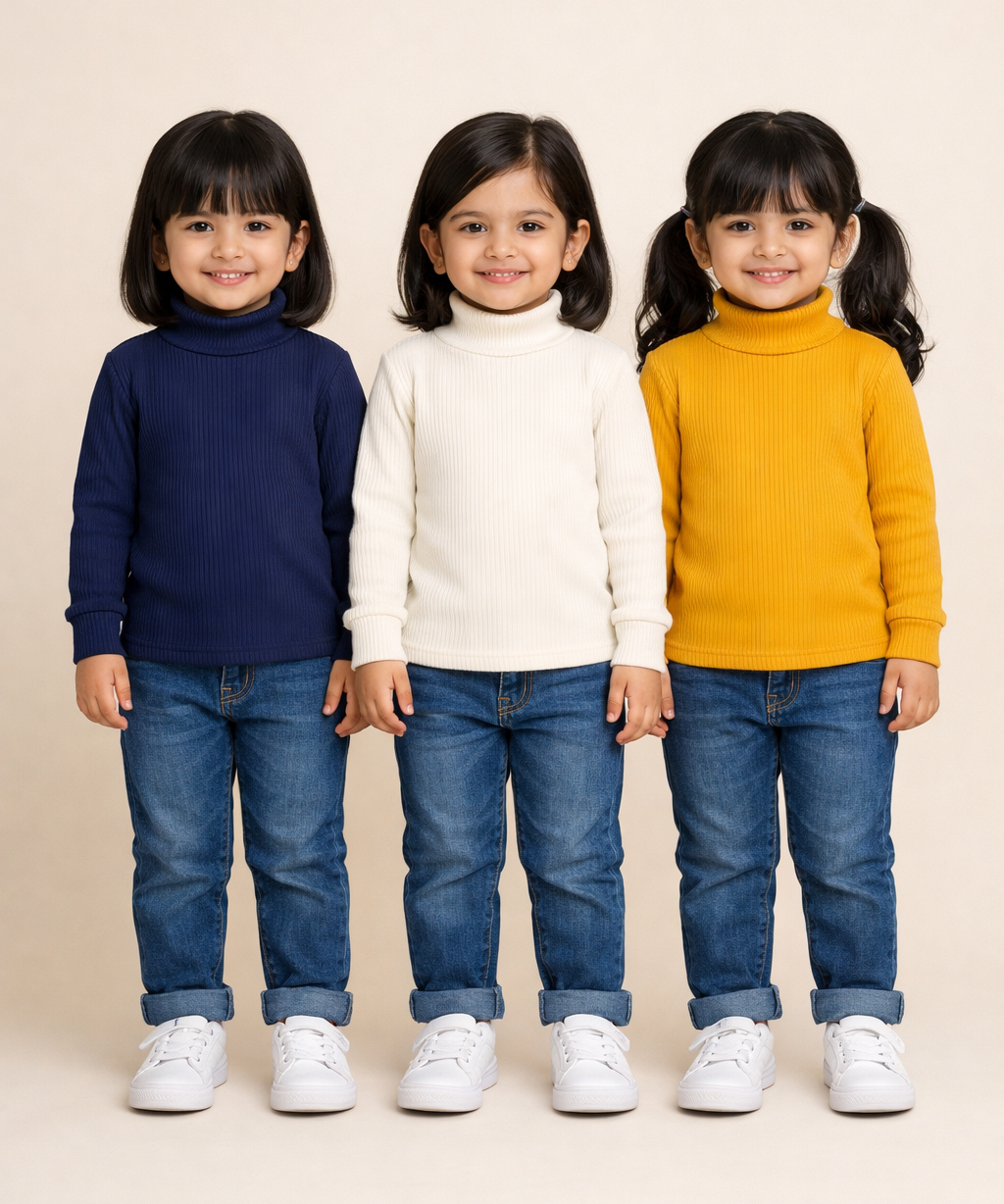 Kids Girls Full Sleeve Hi-Neck Plain Rib T-shirt | Age 0 to 5 Years (Pack of 3)
