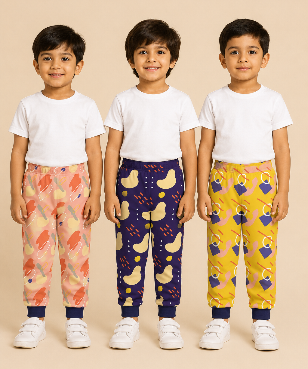 Kids Printed Cotton Track Pants for Boys | Soft Elastic Waist Full Length Joggers | Age 6 Months-5 Years | Pack of 3 Pieces