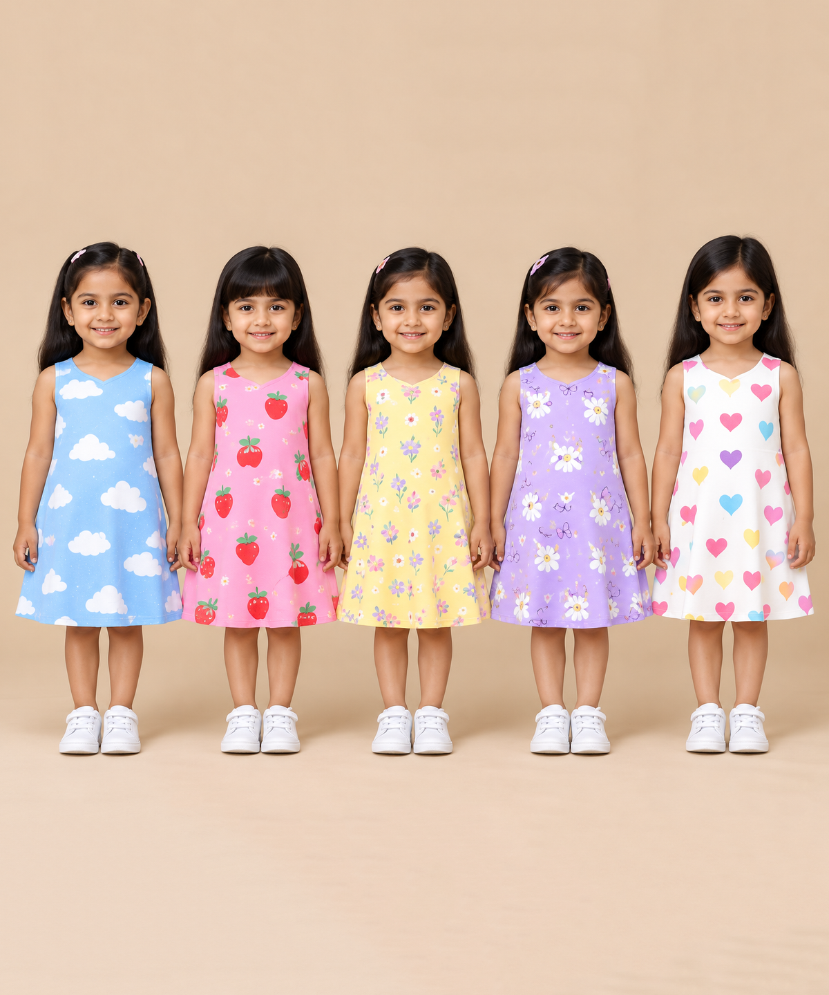 Girls 100% Cotton All Over Printed 2 To 5 Years Gown Dress/Frock Dress (Pack of 5)