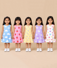 Girls 100% Cotton All Over Printed 2 To 5 Years Gown Dress/Frock Dress (Pack of 5)
