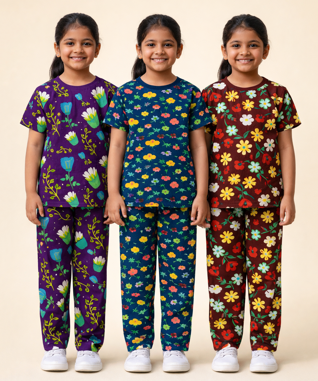 Girl Kids All Over Printed Co-ord Set | Tshirt and Pant | Age 2 to 10 Years (Pack of 3 Sets)