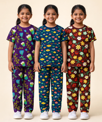 Girl Kids All Over Printed Co-ord Set | Tshirt and Pant | Age 2 to 10 Years (Pack of 3 Sets)