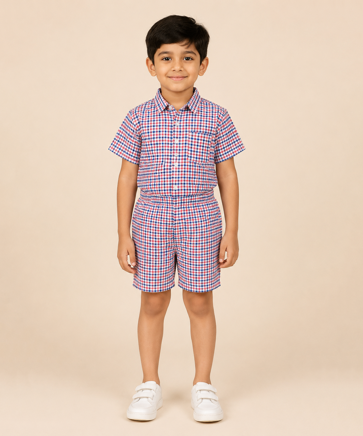 Polyester Checked Shirt and Shorts Set for Boy Kids Casual Wear Half Sleeve Co-Ord Set with Elastic Waist Shorts | Age 6 to 7 Years