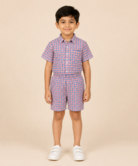 Polyester Checked Shirt and Shorts Set for Boy Kids Casual Wear Half Sleeve Co-Ord Set with Elastic Waist Shorts | Age 6 to 7 Years