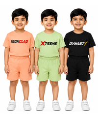 Kids Typography Print T-Shirt & Shorts Co-Ord Set for Boys | Age 6 Months-3 Years | Pack Of 3 Set Combo