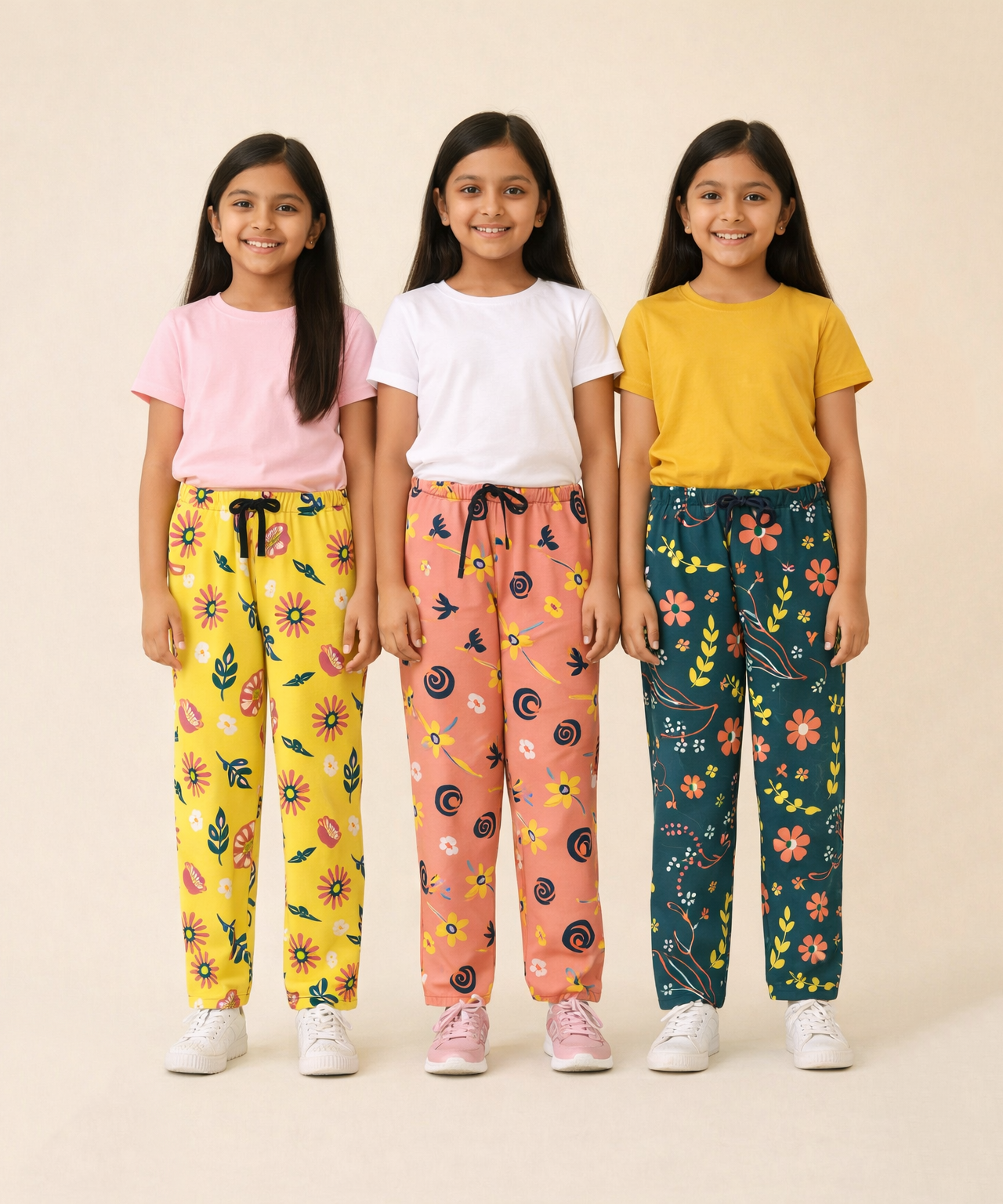 Girls Cotton Printed Track Pants (Pack of 3) | Nightwear & Casual | 6–9 Years