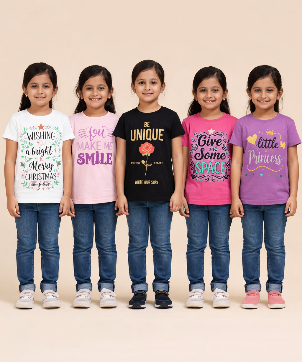Cotton Half Sleeve Girls T-shirt Front Printed Multi Color | Age 2 to 7 Years (Pack of 5 Pieces)