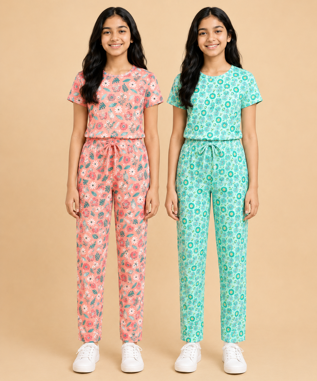 Girls Cotton All-Over Printed T-Shirt & Full-Length Pant Night Suit | Age - 9 to 15 Years | Pack of 2 Sets