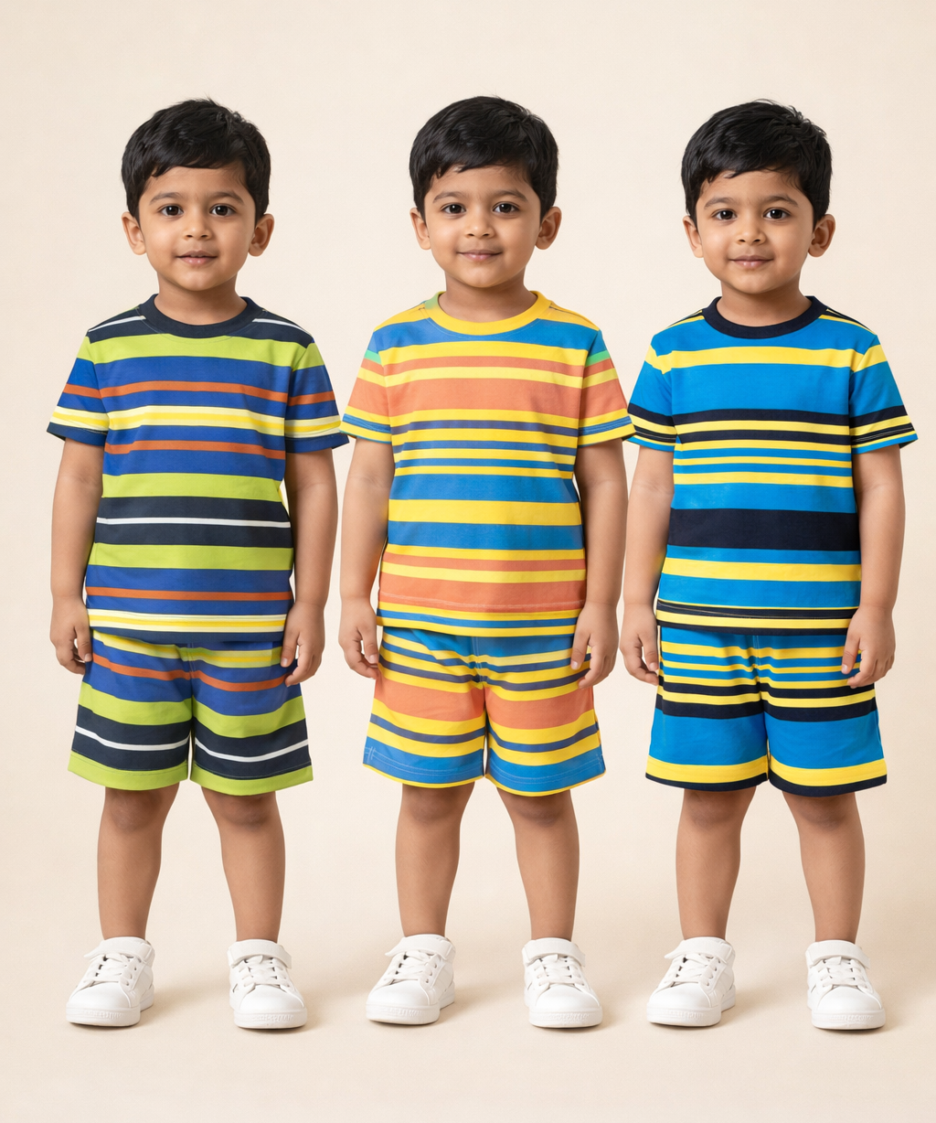 Boys Cotton Stripes Kids Co-ord Set Combo / Age 1-4 Years | T-shirt & Shorts (Combo Set Pack of 3)