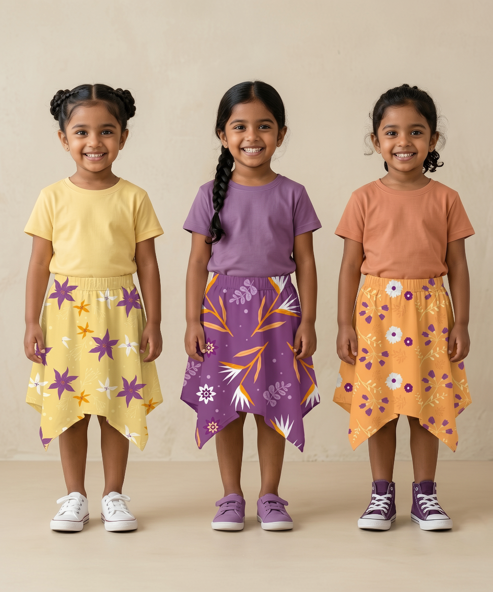 Cotton Fish Midi Floral Printed Skirt | Casual wear for Girl Kids Age 2 To 9 Years (Pack of 3)