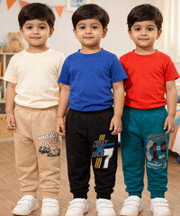 Cotton Track Pant with Bottom Cuff | Random Cartoon Printed | Age 0 to 5 Years (Pack of 3 Pieces)