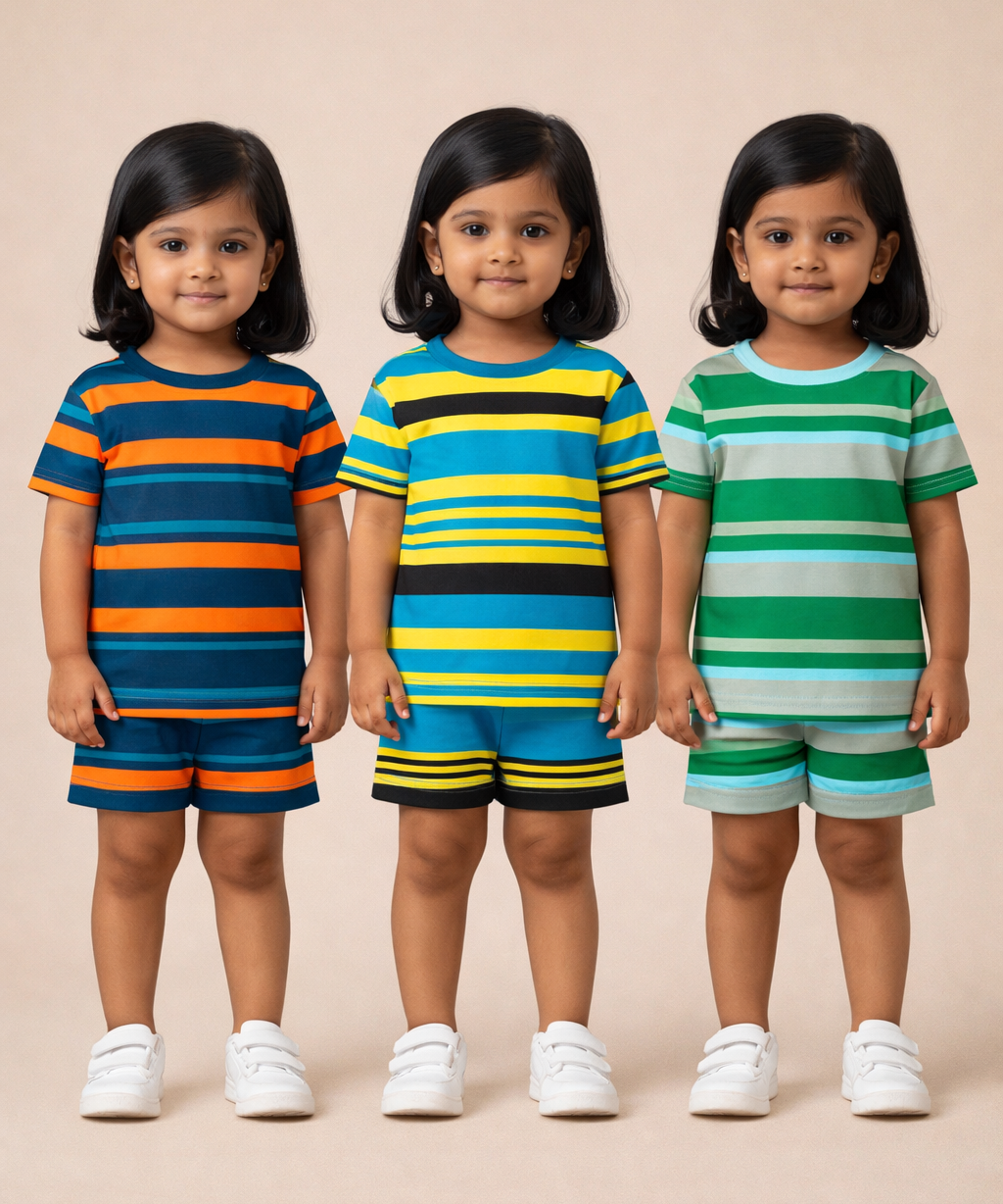 Girls Cotton Stripes Kids Co-ord Set Combo / Age 1-4 Years | T-shirt & Shorts (Combo Set Pack of 3)