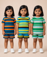 Girls Cotton Stripes Kids Co-ord Set Combo / Age 1-4 Years | T-shirt & Shorts (Combo Set Pack of 3)