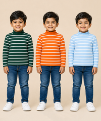 Kids Boys Full Sleeve Hi-Neck Stripes Rib T-shirt | Age 9 to 24 Months | Pack of 3 Pieces