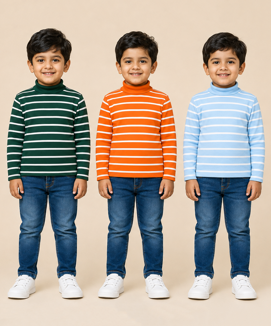 Kids Boys Full Sleeve Hi-Neck Stripes Rib T-shirt | Age 9 to 24 Months | Pack of 3 Pieces
