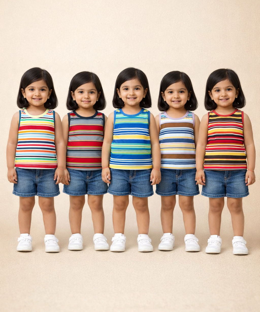 Cotton Stripes Kids Girls Sleeveless T-shirt (Pack of 5)