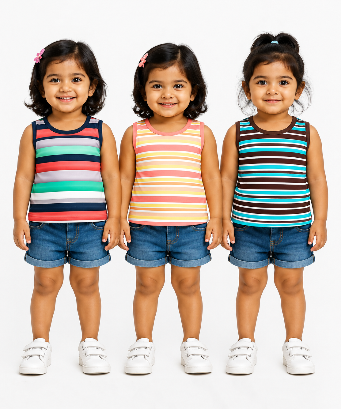 Cotton Stripes Girls Kids Sleeveless Tshirt (Pack of 3)