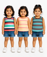 Cotton Stripes Girls Kids Sleeveless Tshirt (Pack of 3)