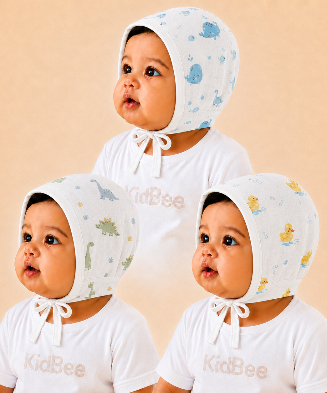 Baby Muslin Cotton Printed Bonnet Cap with Chin Tie – Soft & Comfortable Infant Headwear | 0–12 Months (Pack of 3)