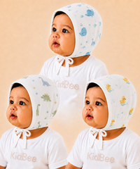Baby Muslin Cotton Printed Bonnet Cap with Chin Tie – Soft & Comfortable Infant Headwear | 0–12 Months (Pack of 3)