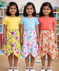 Cotton Fish Midi Floral Printed Skirt | Casual wear for Girl Kids Age 2 To 9 Years (Pack of 3)