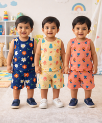 Boys Cotton Cartoon Printed Kids Sleeveless Set Combo | Age 0 to 3 Years | T-shirt & Shorts (Combo Set Pack of 3)