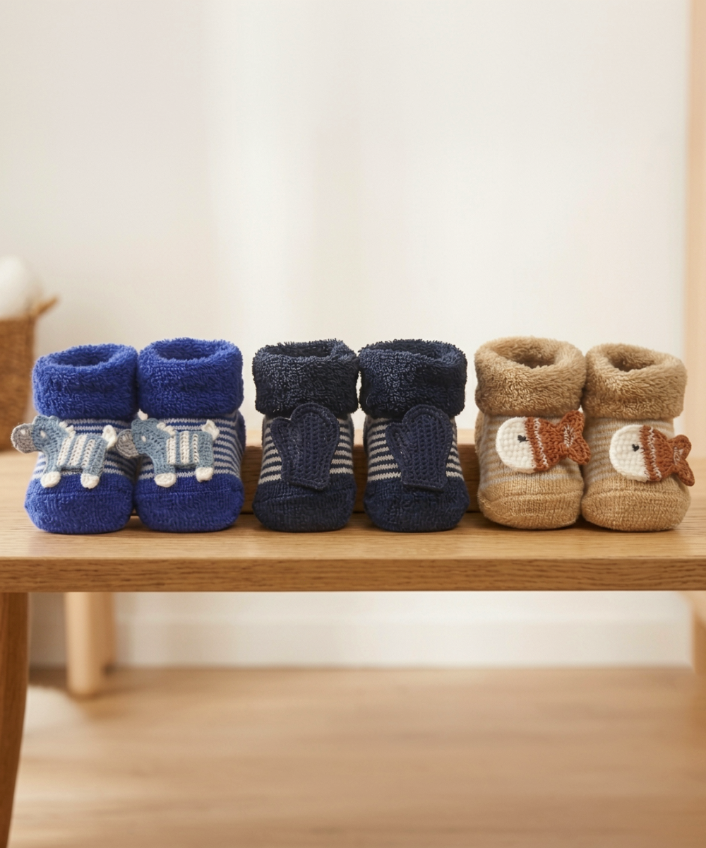 Soft Cotton Baby Booties | 0 to 12 Months | Pack of 3 Pairs Set