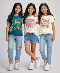 Girls Printed Casual Round Neck T-shirt (Pack of 3 Pieces)