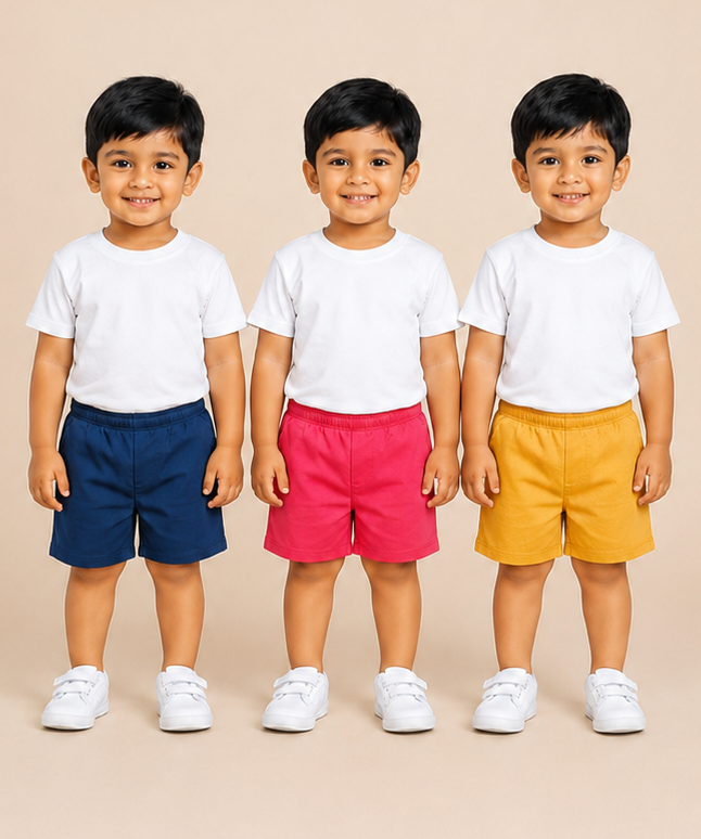 Pure Cotton Plain Shorts for Boys Kid with Elastic Age 3 Months to 4 Years (Pack of 3)