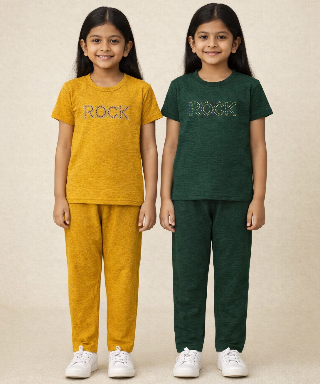 Girls Textured Polyester Co-ord Set | Half Sleeve Top & Pants | Pack of 2 Pieces