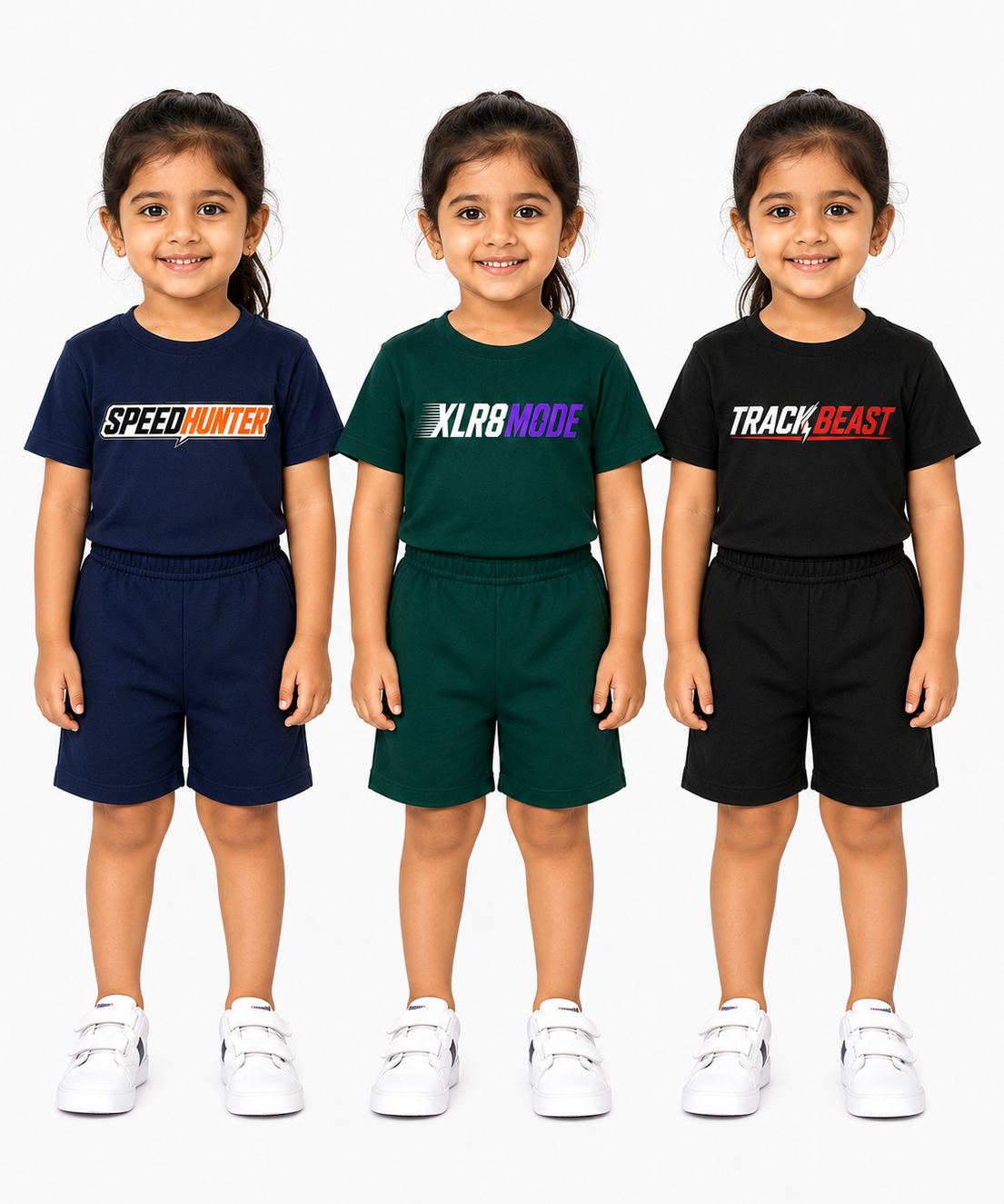 Kids Typography Print T-Shirt & Shorts Co-Ord Set for Girls | Age 6 Months-3 Years | Pack Of 3 Set Combo
