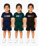 Kids Typography Print T-Shirt & Shorts Co-Ord Set for Girls | Age 6 Months-3 Years | Pack Of 3 Set Combo