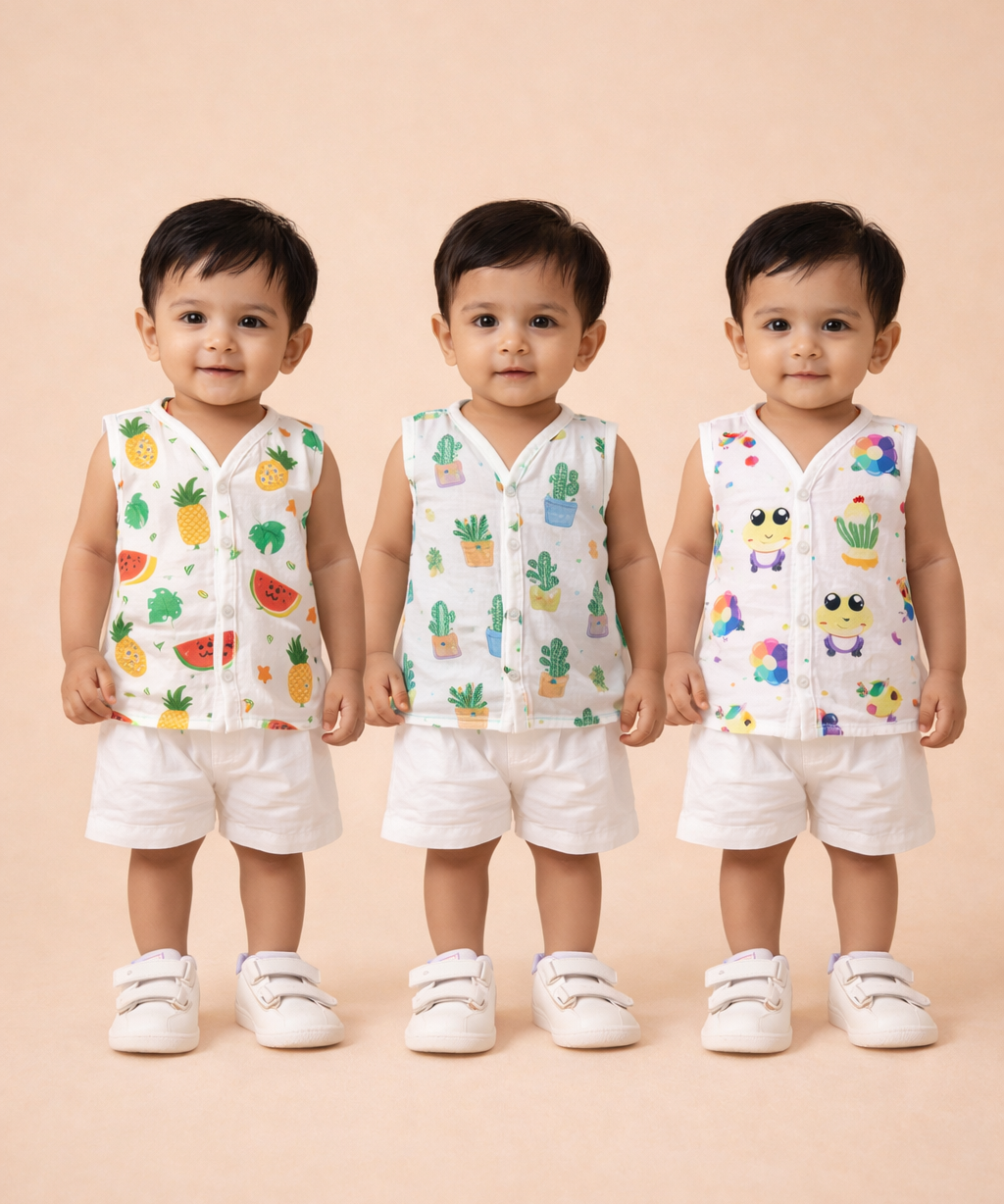 Baby Boys Sleeveless Muslin Cotton Printed Vest | 3–6 Months (Pack of 3)