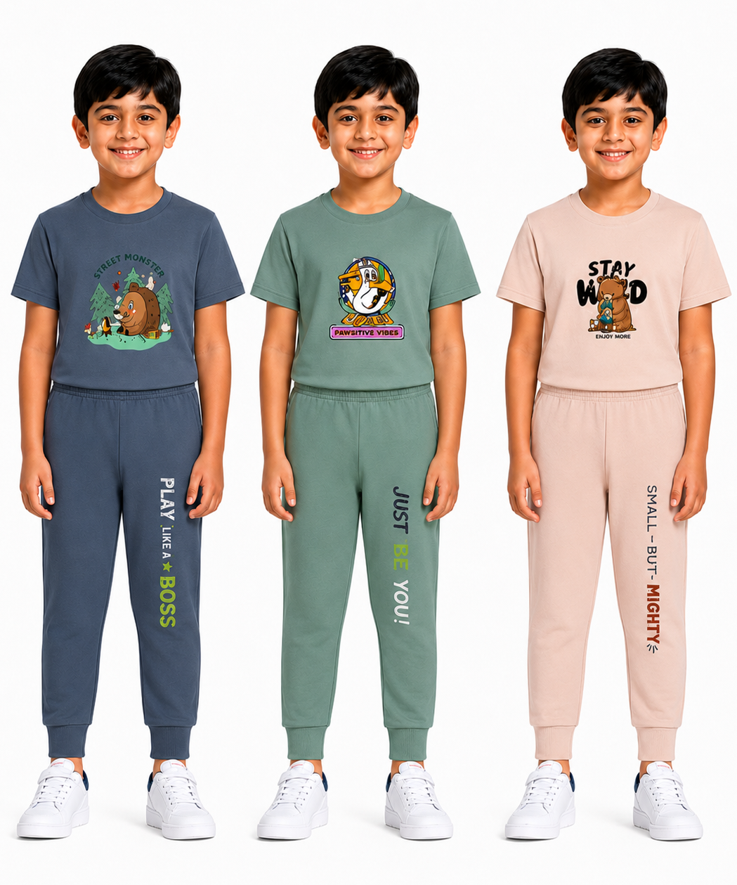 Boys Graphic Printed T-Shirt & Typography Track Pant Co-Ord Set | Age 2-5 Years | Pack Of 3 Set