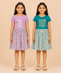 Girls Printed Half Sleeve Cotton Contrast Frock Dress | Floral Knee Length Casual Wear for Kids | Age - 5 to 10 Years | (Pack of 2)