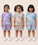 Kids Girls Tie-Dye Cloud Print Cotton T-Shirt & Shorts Co-ord Set | Pack of 3 Pieces | Age 1–4 Years