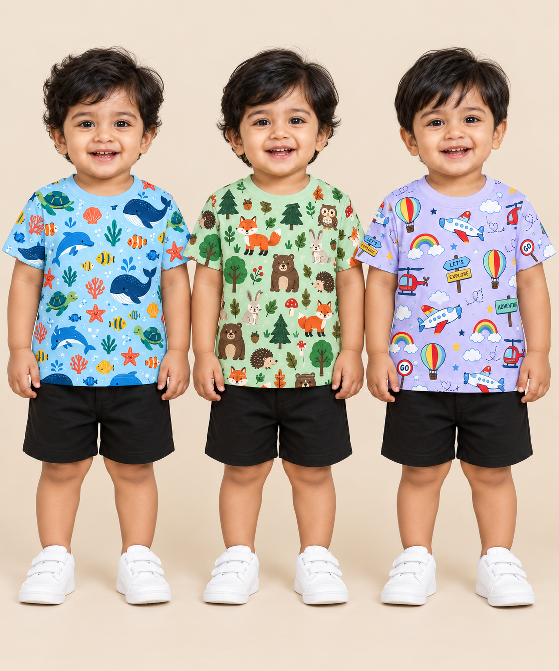 Baby Boys All Over Printed Cotton T-Shirt Multi Colour | Age 0 to 36 Months (Pack of 3 Pieces)