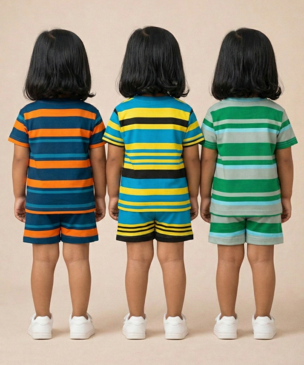 Girls Cotton Stripes Kids Co-ord Set Combo / Age 0-4 Years | T-shirt & Shorts (Combo Set Pack of 3)
